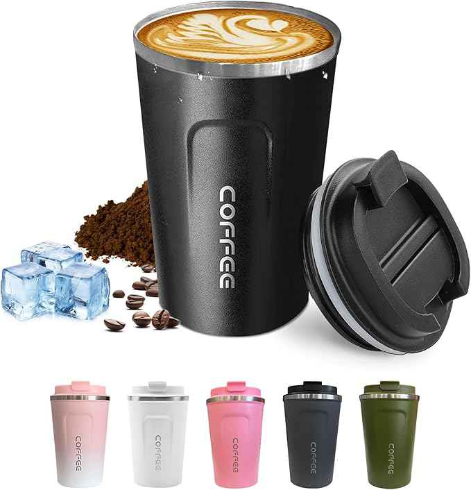 SPLMIFA Travel coffee mugs leak-proof, reusable coffee cups with lids, stainless steel vacuum insulated coffee tumblers, thermal insulation cups for men & women keep drinks hot & cold(2nd-Black, 12OZ)