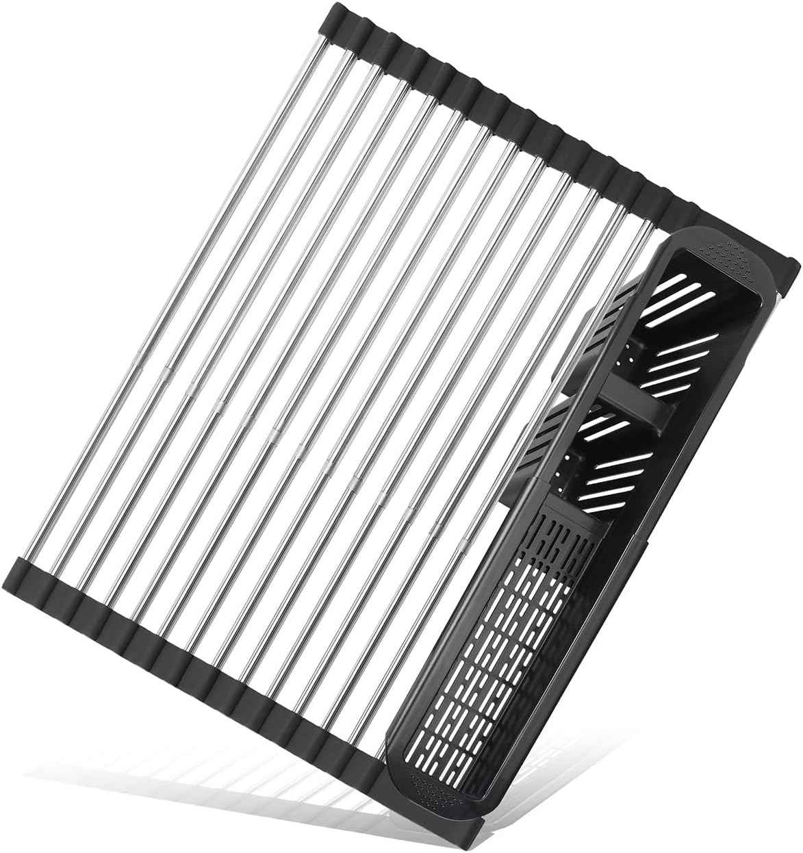 Roll Up Dish Drying Rack,Expandable Over The Sink Dish Drainer,Stainless Steel Kitchen Rolling Sink Rack with Utensil Holder,Length Up to 22.3" (Black)
