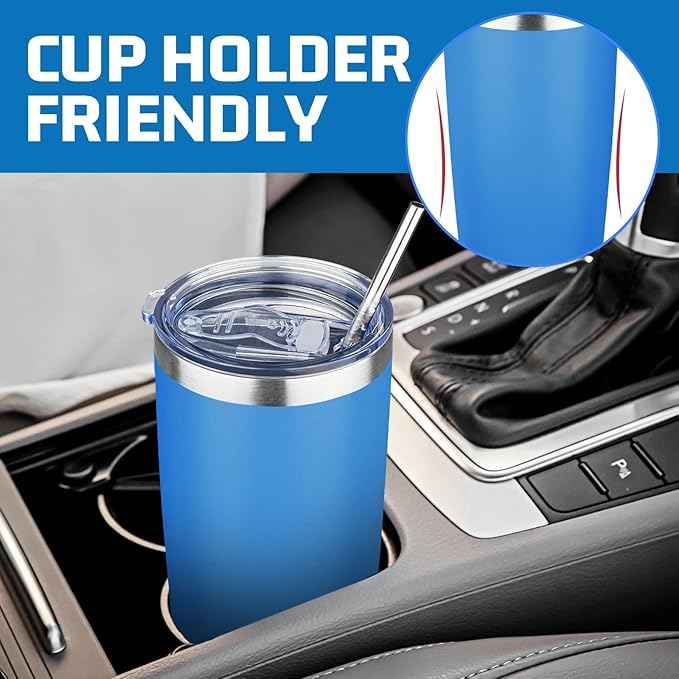 20 oz Tumbler with Lids and Straws, Stainless Steel Insulated Travel Coffee Mug, Double Wall Vacuum Insulated Tumblers, Powder Coated Coffee Tumbler for Cold & Hot Drinks (Sea Blue, 4 Pack)