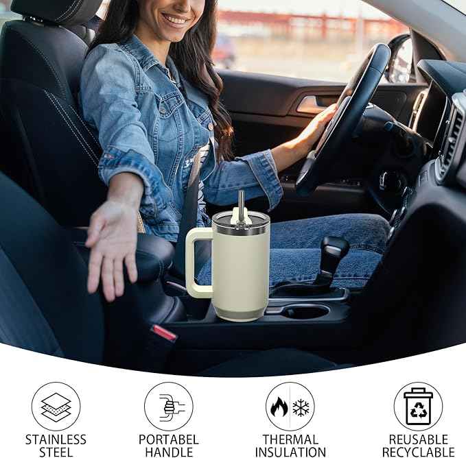 40 oz Tumbler with Handle,Tumbler with Lid and Straw,Double Wall Insulated Cup Stainless Steel Travel Mug(Cold for 34 Hours),Water Bottle for Iced Tea,Coffee,Cold Beverages(Cream White)