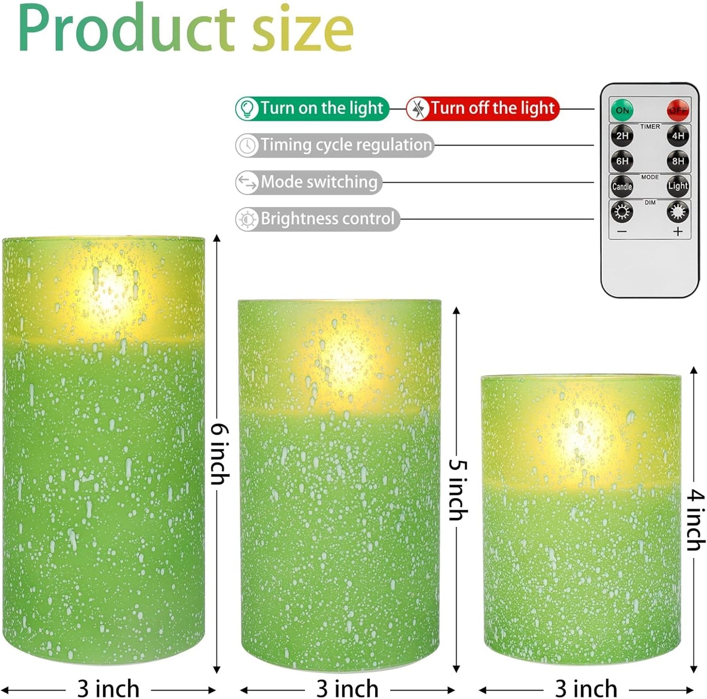 Green Flameless Candles with Remote, Glass LED Pillar Battery Operated Candles with Timer, Flickering Decorative Lights for Home Weddings Holidays Gift Set of 3