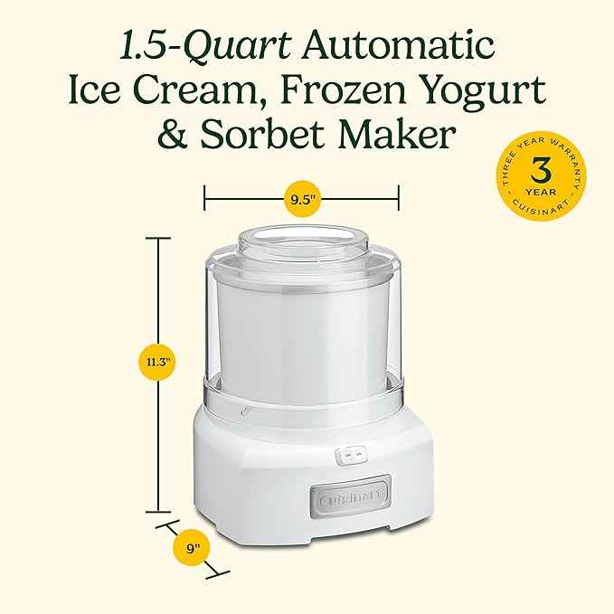 Cuisinart Ice Cream Maker, 1.5 Quart Double Insulated, Sorbet and Frozen Yogurt Maker, Ready in 20 Minutes, ICE-21P1, White