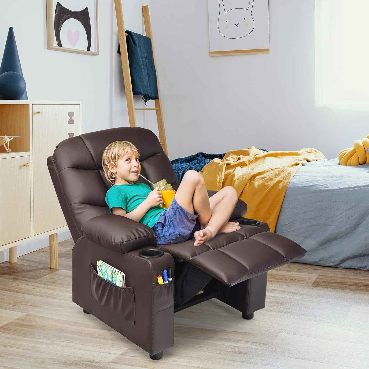 Costzon Kids Recliner Chair with Cup Holder, Adjustable Leather Lounge Chair w/Footrest & Side Pockets for Children Boys Girls Room, Ergonomic Toddler Furniture Sofa, Kids Recliner (Brown)
