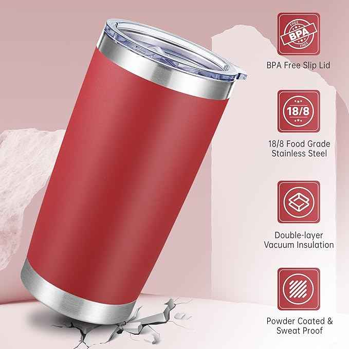 20 oz Tumbler Stainless Steel Tumblers with Lid Double Wall Vacuum Insulated Coffee Mug 20oz Powder Coated Cup for Hot and Cold Drinks, Red, 1 pack