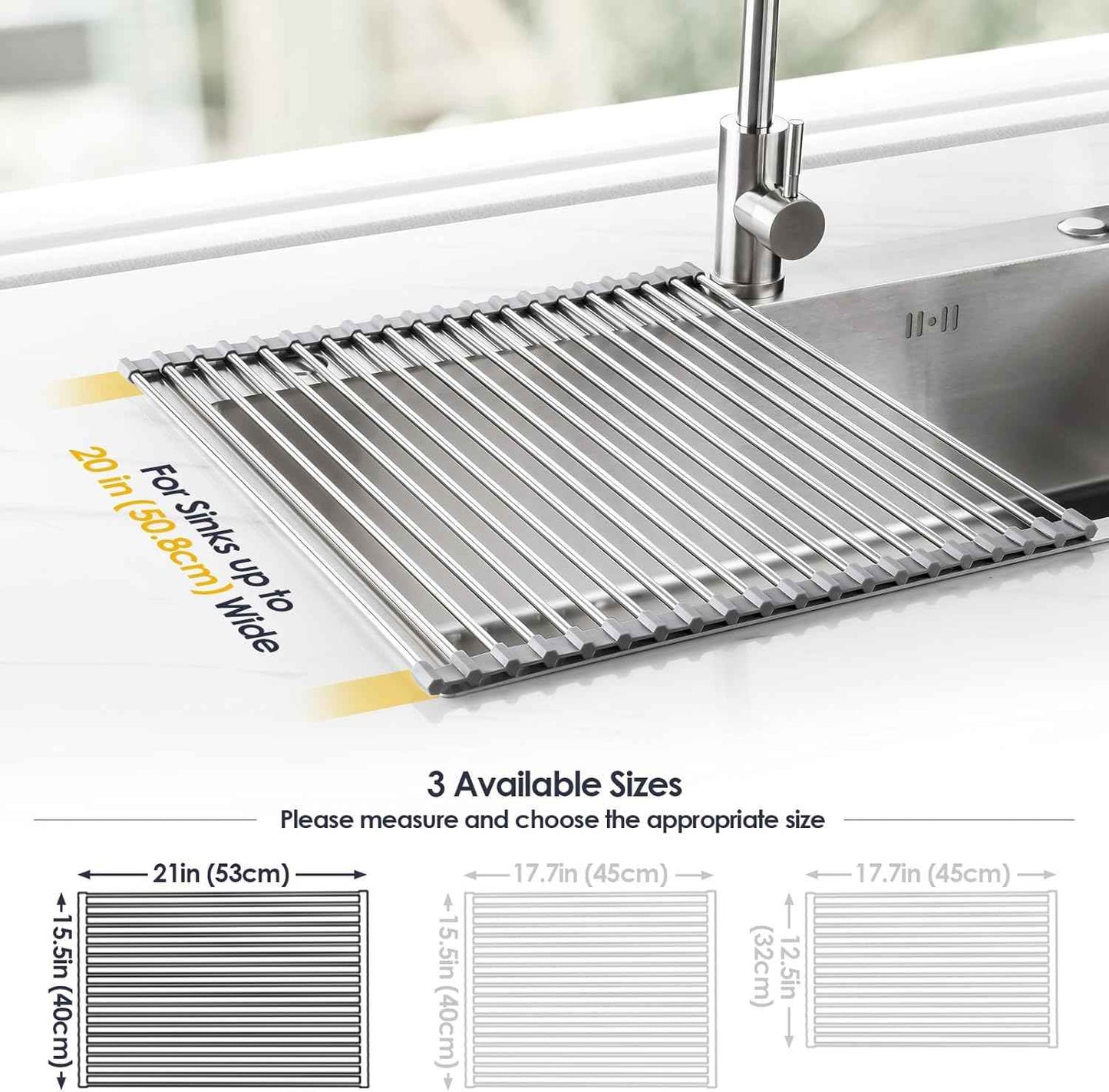 Tomorotec 21" x 15.5" Roll Up Dish Drying Rack Over Sink Drying Rack Sink Cover Kitchen Sink Accessories Gadget Multipurpose Organizer Foldable Stainless Steel Drainer
