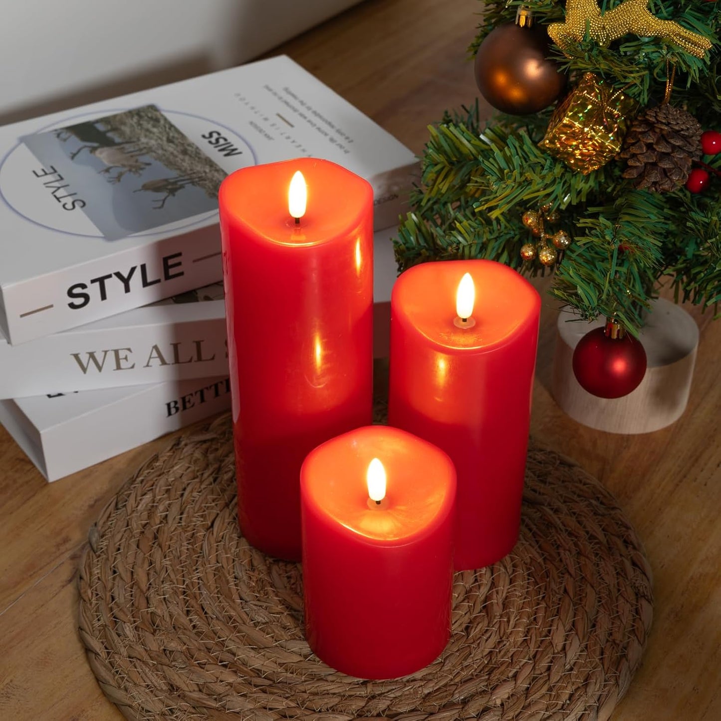 NURADA Outdoor Flameless Candles with Remote Timer - Waterproof Realistic Flickering LED Pillar Electric Battery Operated Fake Candle for Home Wedding Christmas Decor - 3 Pack Red(D3”H4”6”8”)