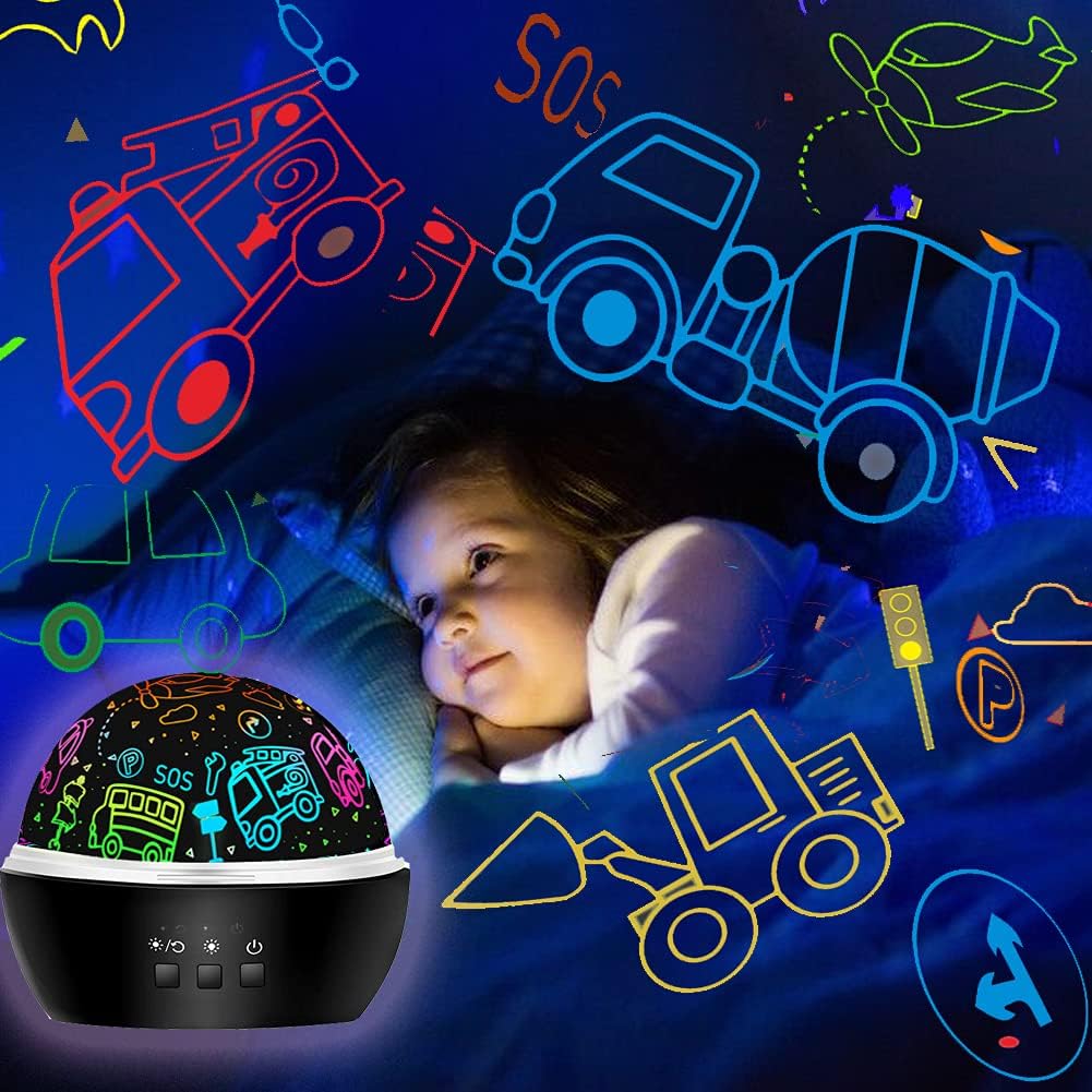 MINGKIDS Night Light for Kids,2 in 1 Rotating Projector Lamp with Dino&Vehicles Theme,2 Ways to Charge,Baby Night Light Ceiling Projector for Bedroom Kids Room Decor