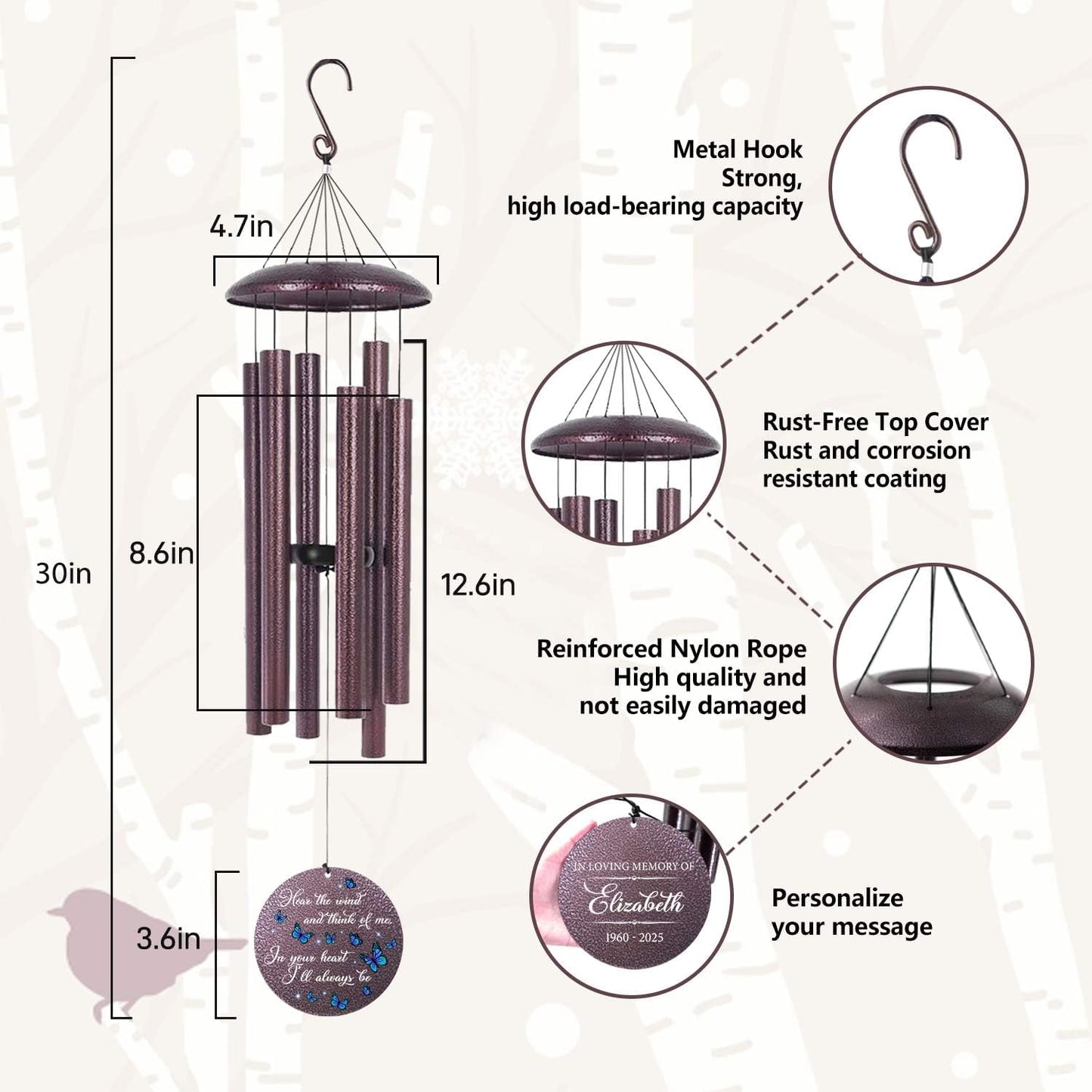 ASTARIN Memorial Butterfly Deep Tone Wind Chimes Personalized, Sympathy Remembrance Gifts for Loss of Mom Dad, Bereavement Gifts for Condolence Funeral, Garden Decoration