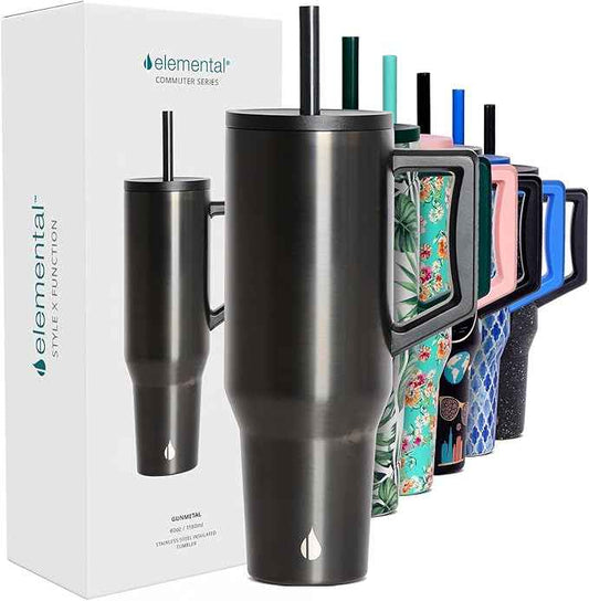 Elemental 40 oz Tumbler with Handle and Straw - Spill Proof Insulated Stainless Steel Commuter for Cold Beverages - Travel Coffee Mug with 2 Straws & Spill Proof Lid - 40oz- Gunmetal