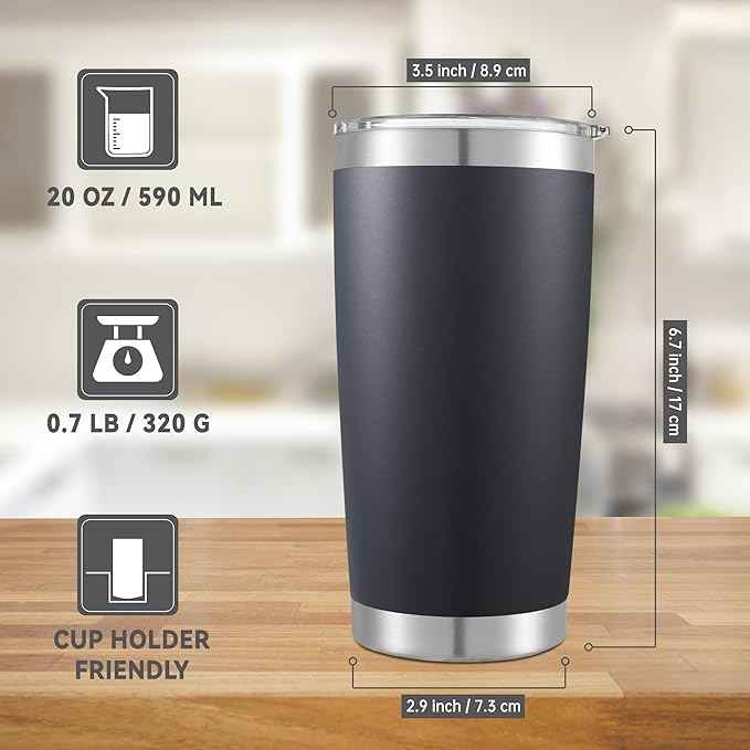20 oz Tumblers Bulk Stainless Steel Tumbler with Lid Double Wall Vacuum Insulated Coffee Mug 20oz Powder Coated Cup for Hot and Cold Drinks, Black, 6 pack