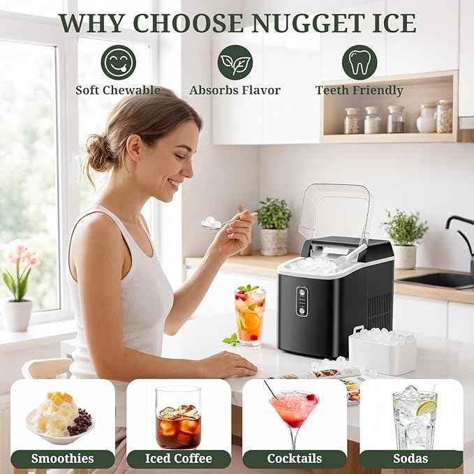 Nugget Ice Maker Countertop, 6-Min Fast Chewable Pellet Ice, 24lbs/24H Portable Ice Machine with Self-Cleaning, Ice Full & Low Water Indicator, Basket & Scoop for Home, Party, RV, Camping (Black)