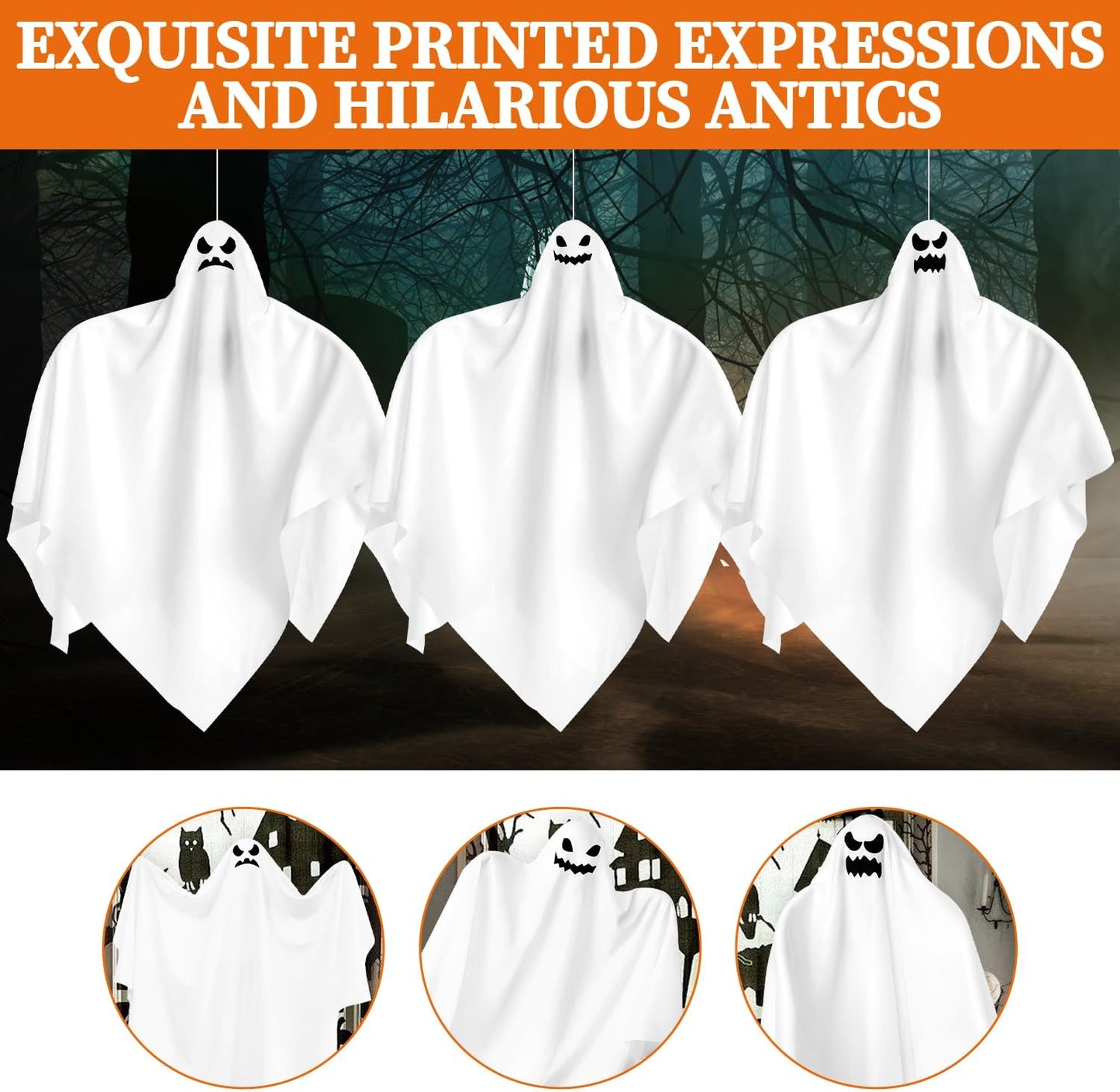 3 Pack Halloween Hanging Ghosts Decor, Outdoor Hanging Ghosts, Ghost of Halloween Decorations, 28" Flying Ghost Halloween Party Decor for Front Yard Patio Lawn Garden Trees Indoor Outside Holiday