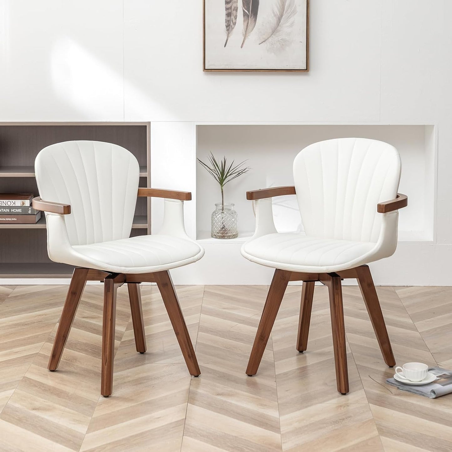 LUNLING Swivel Dining Room Chairs Set of 2,Mid Century Modern White Faux Leather Kitchen Chair with Arms,Bamboo Legs Side Chairs No Wheels,Accent Chair for Dining Rooms and Offices