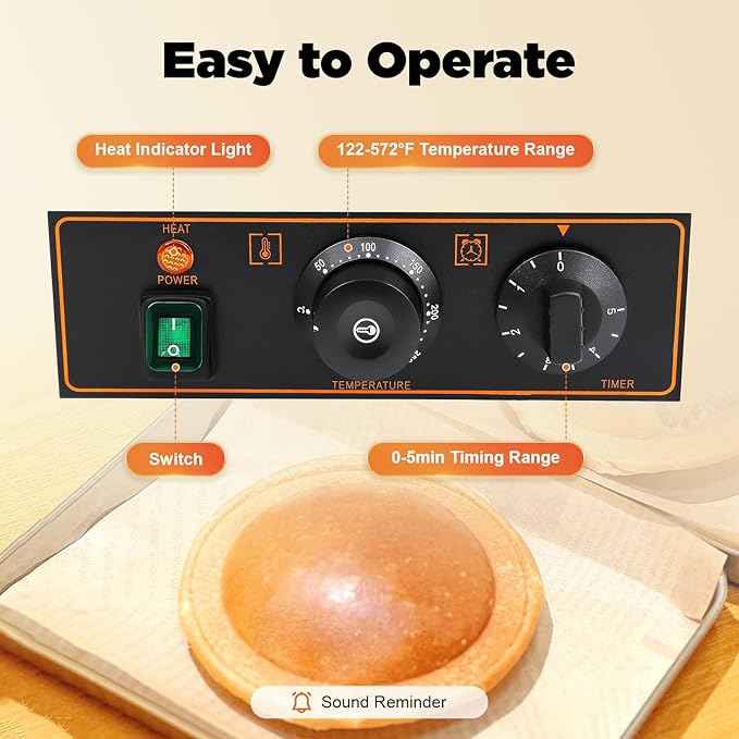 Burger Waffle Maker, Commercial ufo Burger Machine, Electric Burger Waffle Maker Machine, 110V Non-Stick Double-Sided Heating with Adjustable Temperature (122-572°F) & Timer, 180° Rotatable