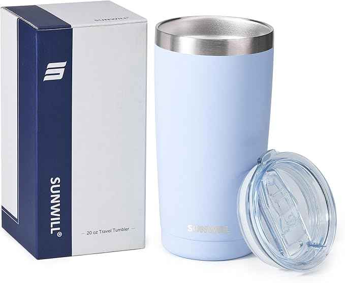SUNWILL Travel Coffee Tumbler 20 oz, Insulated Mug with Lid, Stainless Steel Cup for Hot and Cold Drinks, Powder Coated Iceberg