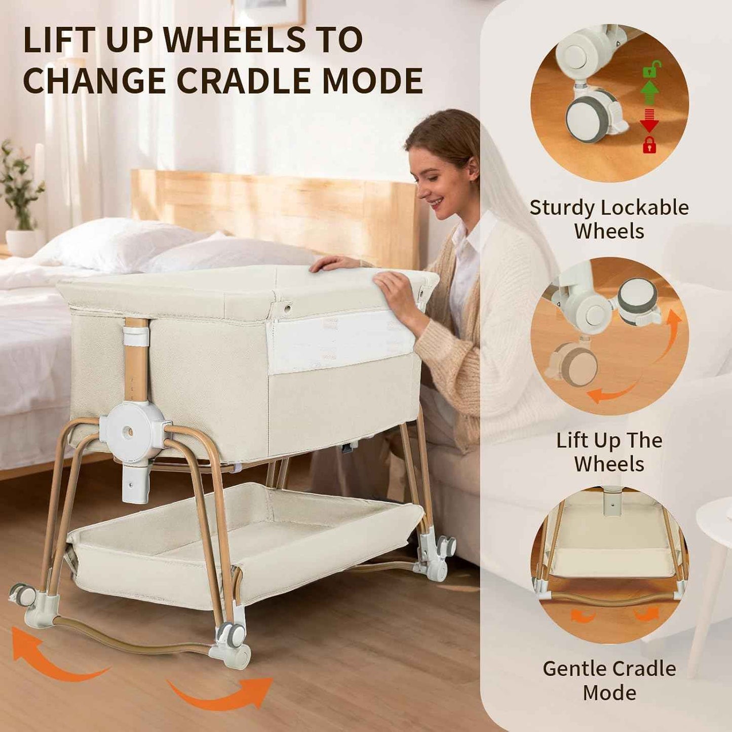 suihuooo 4-in-1 Baby Bassinet, Portable Bassinet Bedside Sleeper with Wheels and Storage Basket, 7 Height Adjustable Breathable Mesh Rocking Bassinet with Mosquito Net for Newborn-White
