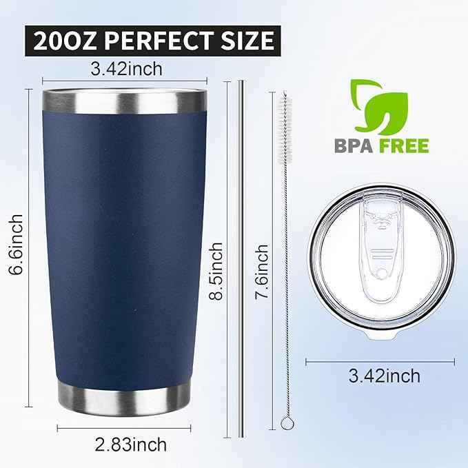 20oz Tumbler with Lid and Straw Double Wall Powder Coated Vacuum Insulated Coffee Tumbler Stainless Steel Insulated Travel Coffee Mug Spill-Proof Thermal Cup for Hot and Cold Beverage,Navy Blue