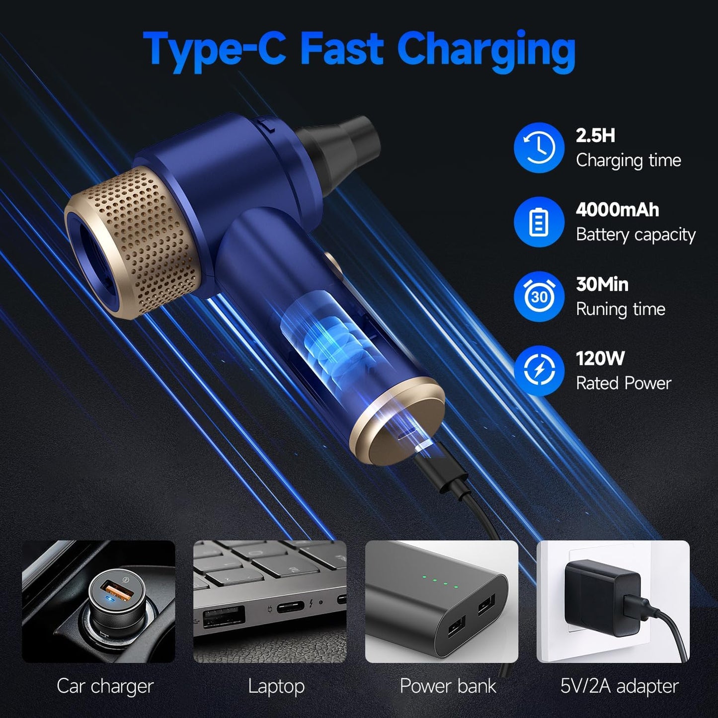 Vizeusvac Car Vacuum Cleaner, 16000PA Mini Car Vacuum Cordless Powerful, 7 in 1 Portable Handheld Vacuum Cordless with LED Light, Dual Filters, One-Touch Empty for Pet Hair, Home, Office