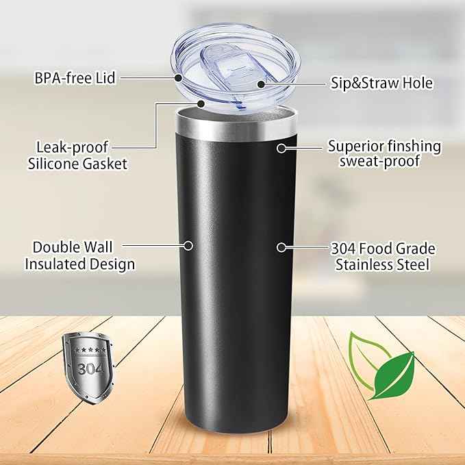 20 oz Skinny Tumblers with Lid and Straw,Stainless Steel Vacuum Insulated Tumbler Cup Double Wall Travel Coffee Mug, Thermal Water Tumbler for Hot and Cold Drinks(Black,8)