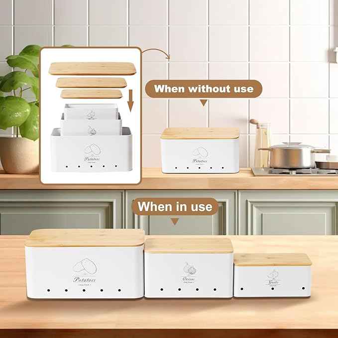 3 Pack Metal Vegetable Storage,Potato Onion Garlic Storage Set,Kitchen Canisters Vegetable Keeper,Stackable Pantry Organizers with Ventilation Holes and Bamboo Lids(WHITE)