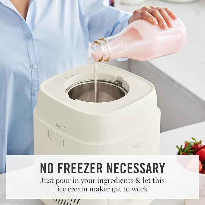 Martha Stewart 1 Quart Ice Cream Maker, Built-In Compressor, No Pre-Freezing Required, 3 Modes (Ice Cream, Sorbet, Frozen Yogurt), Automatic Mix-In Alert, Dishwasher-Safe Parts, Linen White