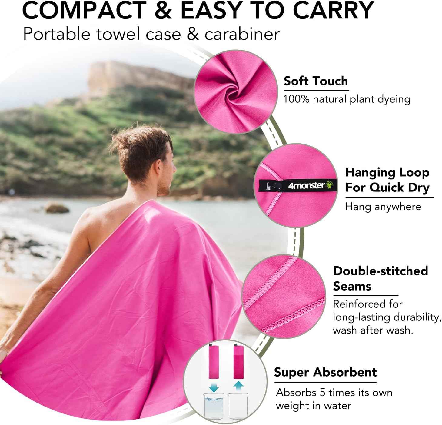 4Monster Quick Dry Travel Towel with Case & Carabiner – Super Absorbent Microfiber Gym & Camping Towel. Compact, Lightweight, Fast Drying for Beach, Swimming, Hiking, Backpacking