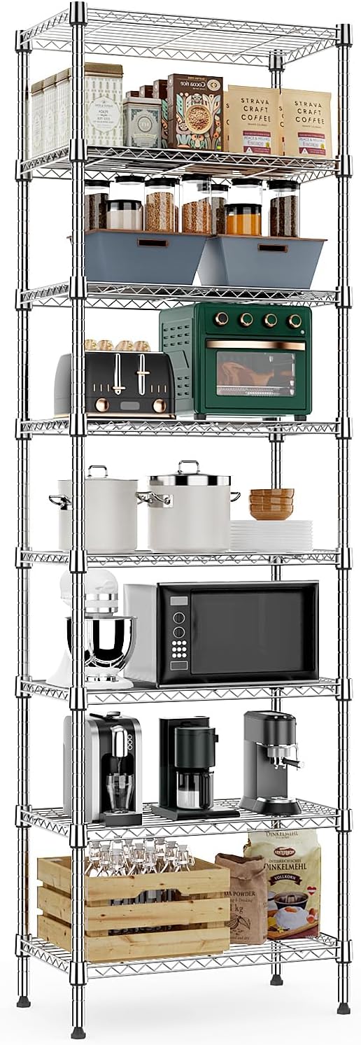 8 Tier 2000 lbs Storage Rack Metal Wire Shelving Unit, Storage Standing Shelf Organizer for Laundry Bathroom Kitchen Pantry Closet Garage Utility Room, Chrome 13.8" D x 23.6" W x 79.5" H