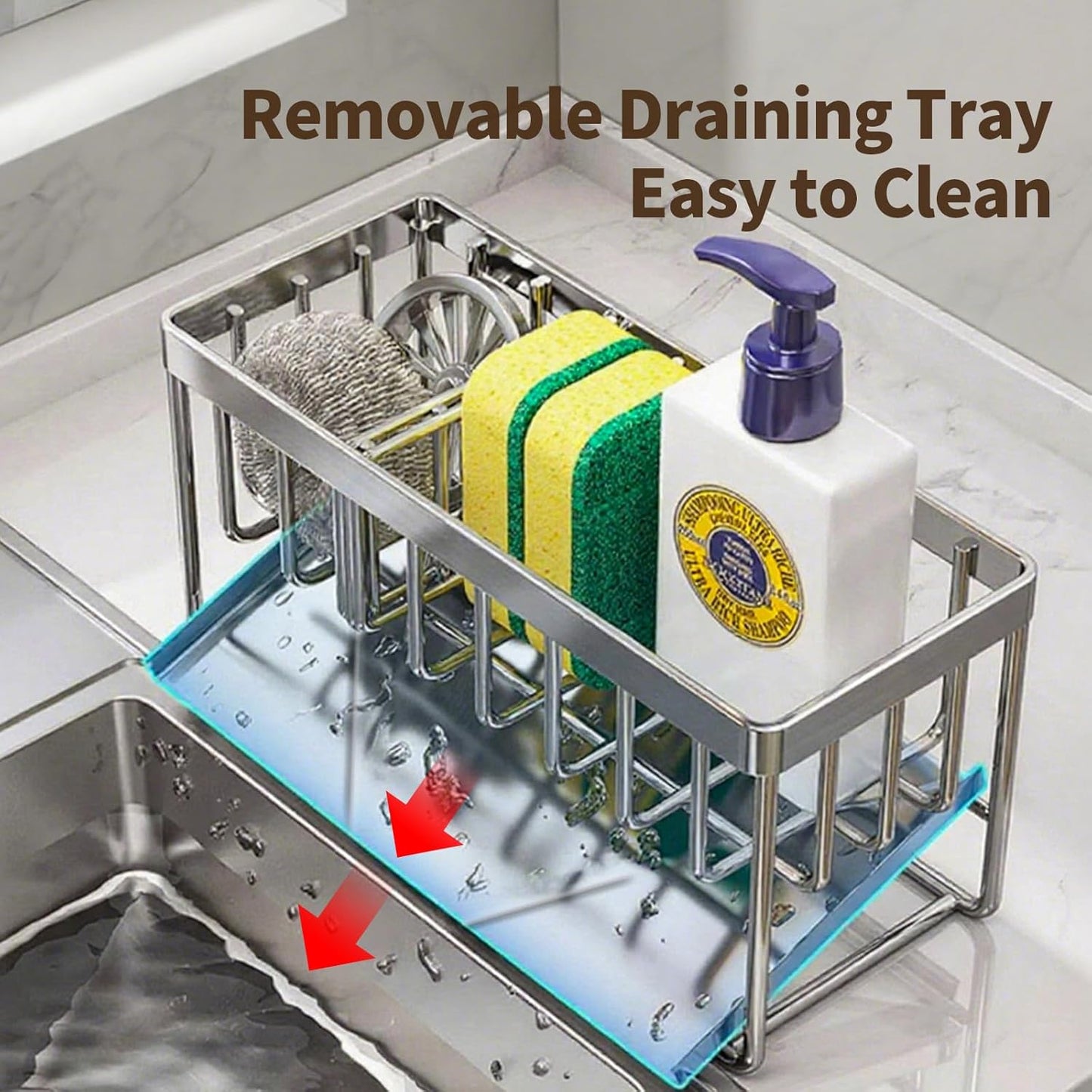 Sink Caddy Sponge Holder for Kitchen, 18/8 Stainless Steel Self Drain Tray, Soap holder with Divider(Silver)