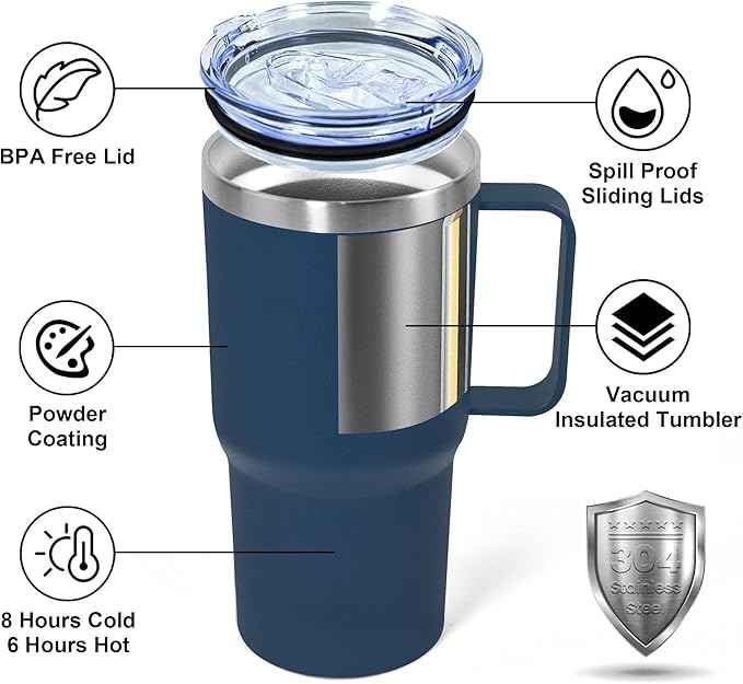 20 oz Tumbler with Handle, insulated cup coffee mug with lid, straw and handle, Double Wall Stainless Steel Vacuum Coffee Tumbler travel mug spill proof, 1pcs Navy Blue