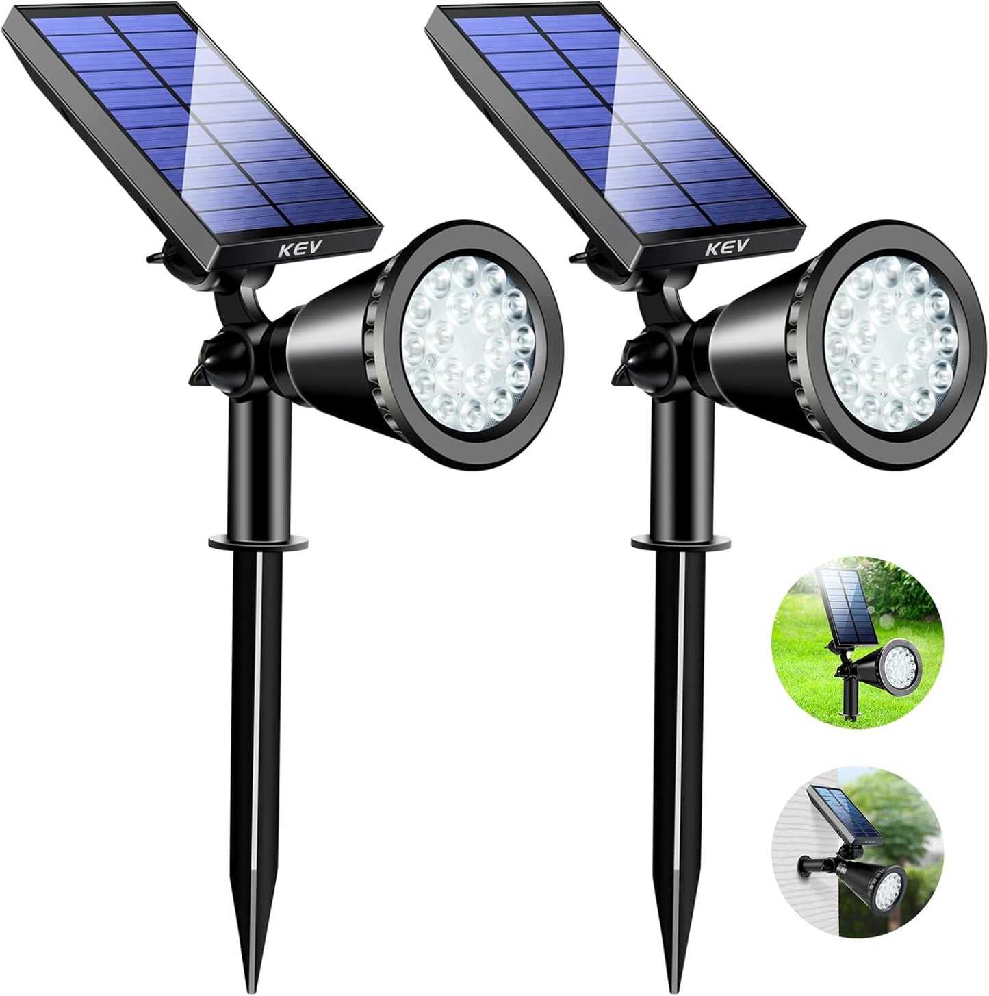 KEV 800 Lumens Solar Spot Lights Outdoor,18 LEDs Solar Flood Lights with 2 Modes &Adjustable &IPX65 Waterproof,Solar Spotlight for Driveway/Backyard/Patio Landscape/Tree/Garage(Cool White, 2 Pack)