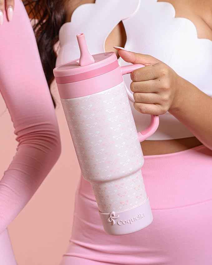 40 oz Insulated Tumbler with Handle and Push-Button Straw Lid, Stainless Steel Travel Cup for Gym Office, Leakproof, BPA-Free, Cup Holder Friendly, Bow Silicone Boot, Pink (Coquette Blush)
