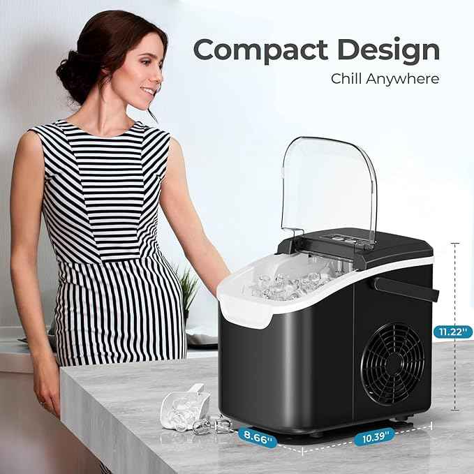 Countertop Ice Maker Machine, 8 Ice Cubes in 6 mins, 26lb/Day Ice with 2 Sizes- Portable Mini, Energy Saving & Basket/Scoop for Home/Party/Travel/Camping/Bar,Black