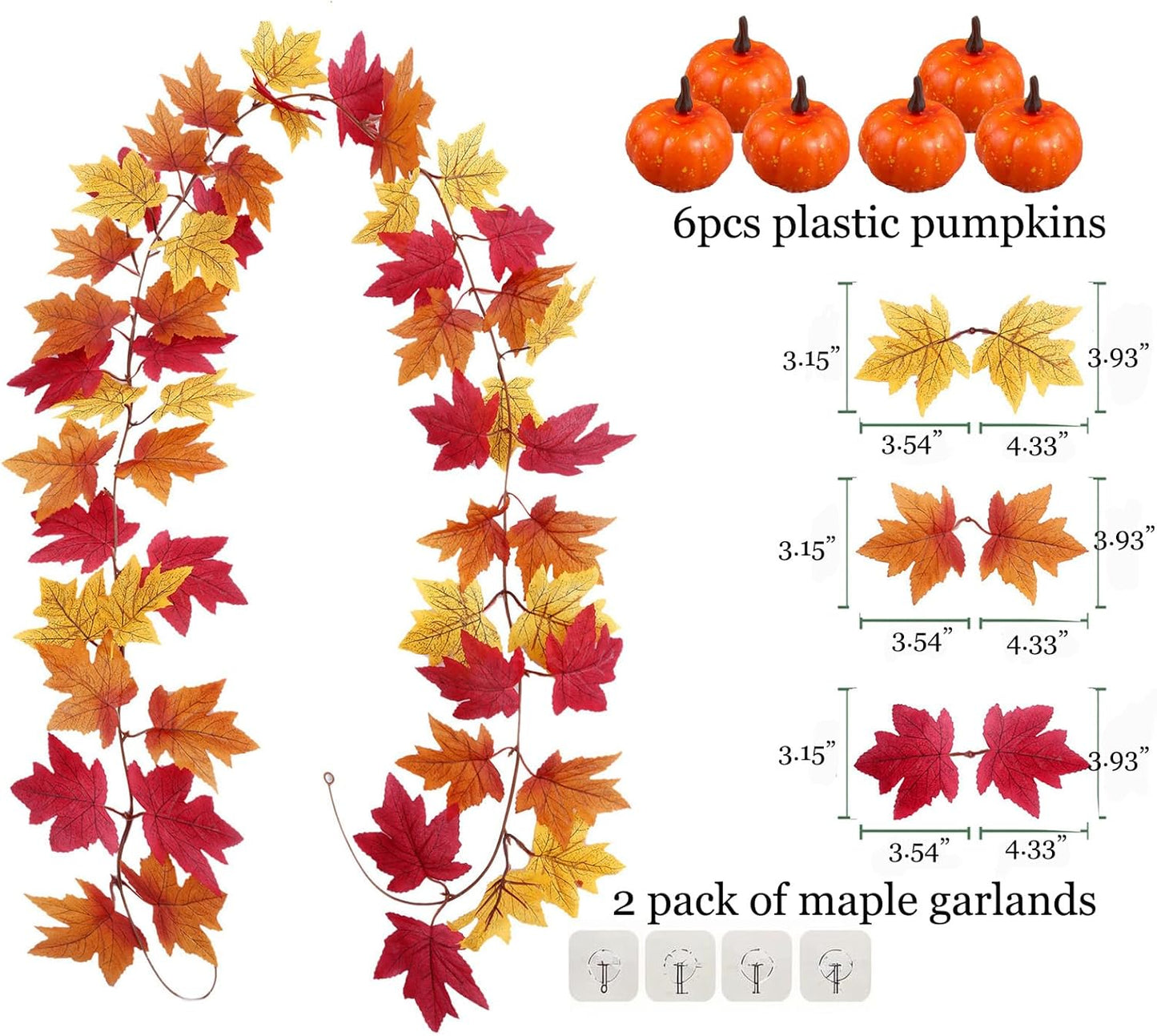 2 Pack Fall Maple Garland, 6.6 FT/Pcs Autumn Hanging Fall Leave Vines and Pumpkins for Home Garden Thanksgiving Dinner Fireplace Door Frame Doorway Backdrop Christmas Decor