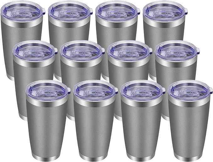 VEGOND 20oz Tumbler with Lid and Straw Stainless Steel Tumbler Cup Bulk Vacuum Insulated Double Wall Travel Coffee Mug Powder Coated Coffee Cup, Grey, 12 Pack