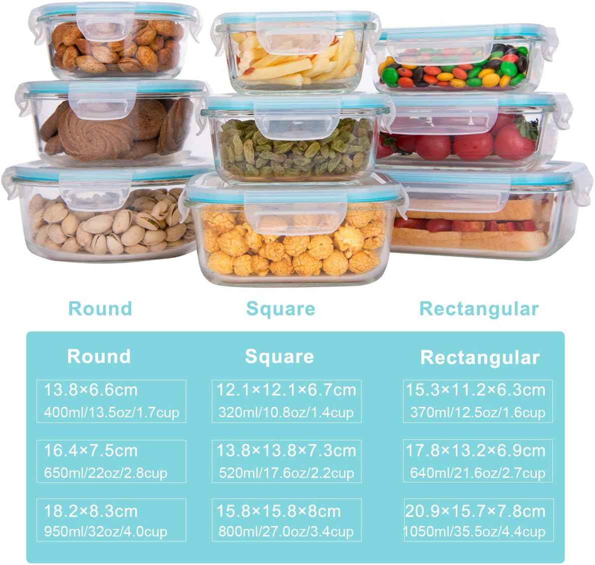 AILTEC Glass Food Storage Containers with Lids, [18 Piece] Glass Meal Prep Containers Set, Airtight Leak Proof, Oven Freezer Dishwasher Safe, BPA Free (9 Lid & 9 Container)