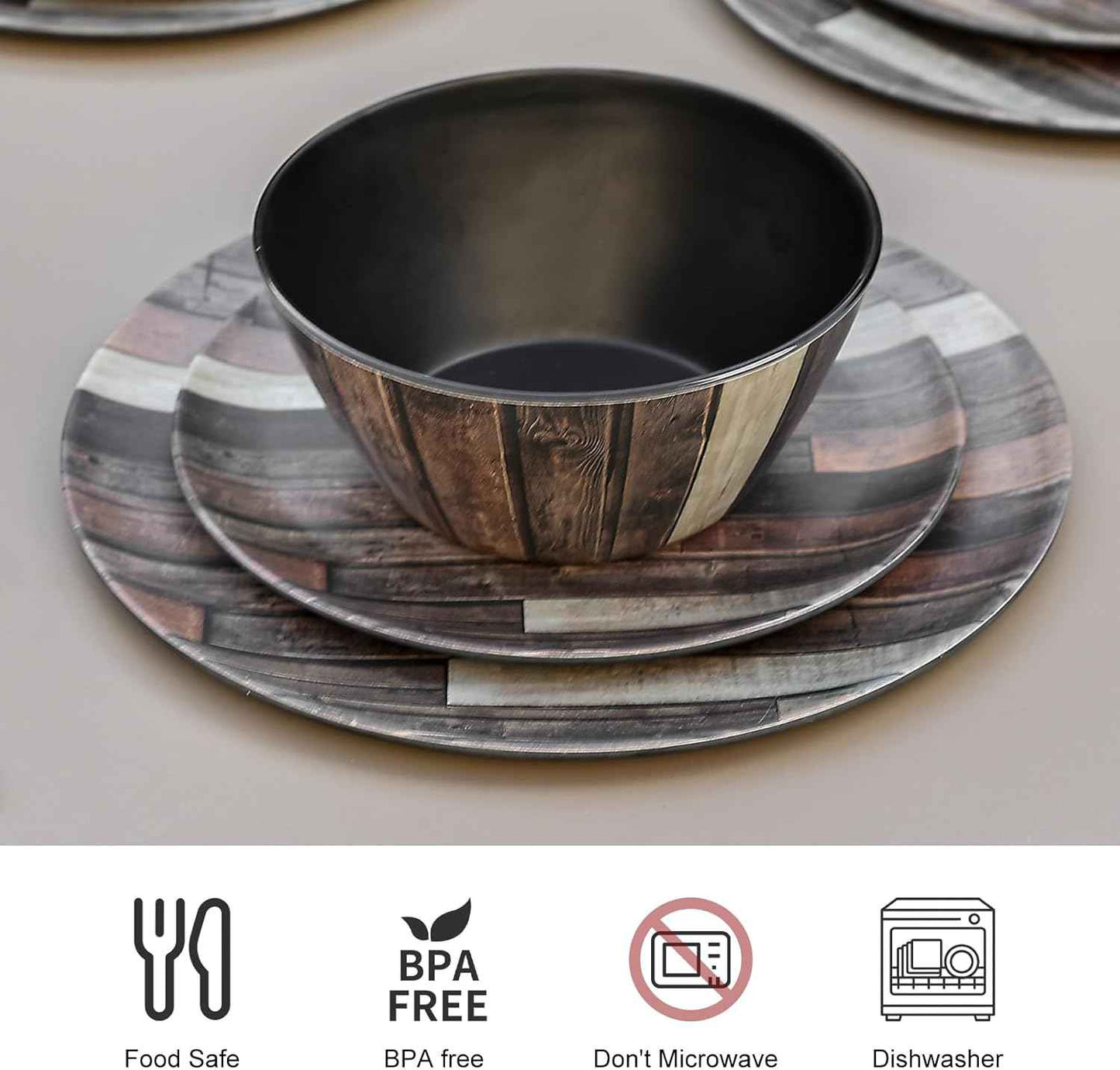 Webbylee Melamine Dinnerware Sets 12 Piece Wood Grain - Unbreakable Plates and Bowls, Lightweight Heavy Duty, Dishwasher Safe for Outdoor Camping Party Indoor Gift