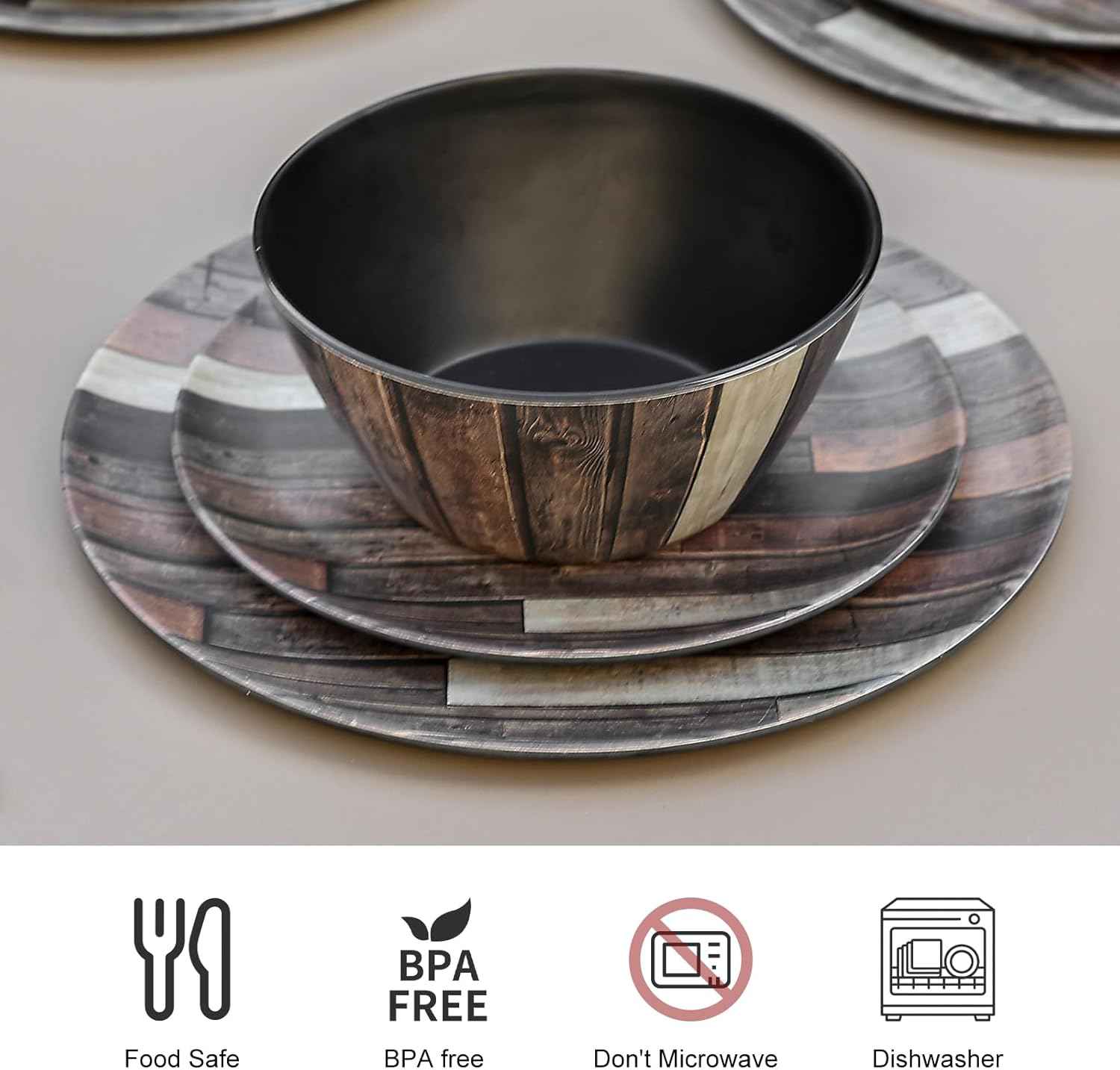 Webbylee Melamine Dinnerware Sets 12 Piece Wood Grain - Unbreakable Plates and Bowls, Lightweight Heavy Duty, Dishwasher Safe for Outdoor Camping Party Indoor Gift