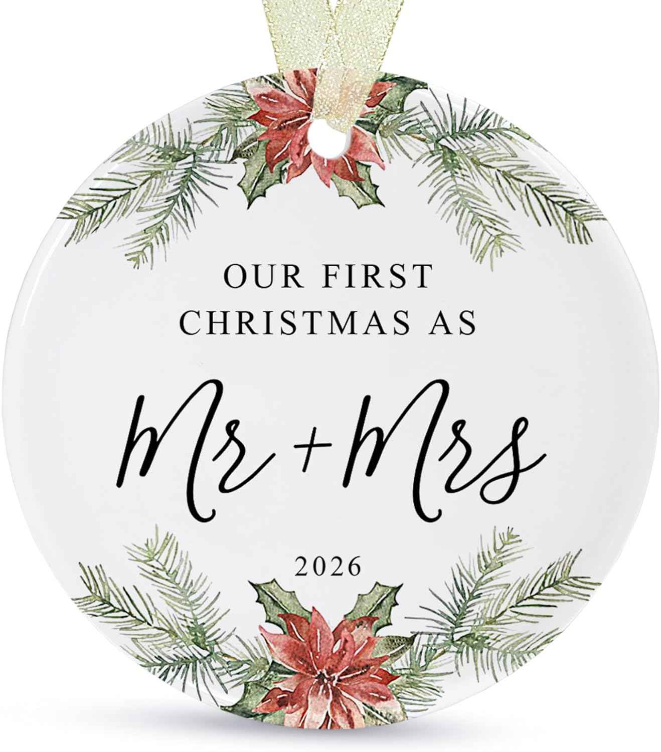 First Christmas as Mr and Mrs Ornament 2026,1st Year Wedding Ornament for Newlywed,Our First Married Christmas Ornament,Ceramic Hanging Decoration for Couples Just Married with Gift Box&Ribbon 2.9"