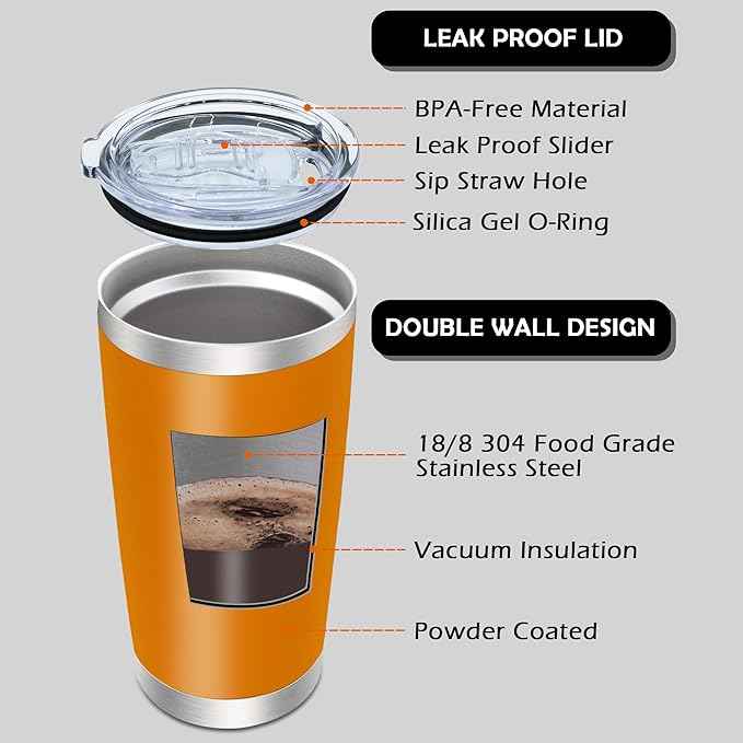 AIANJI 20oz Tumbler Bulk Stainless Steel Tumblers with Lid Vacuum Insulated Double Wall Travel Coffee Mug Powder Coated Tumbler Cup for Hot and Cold Drinks(Orange, 1 pack)
