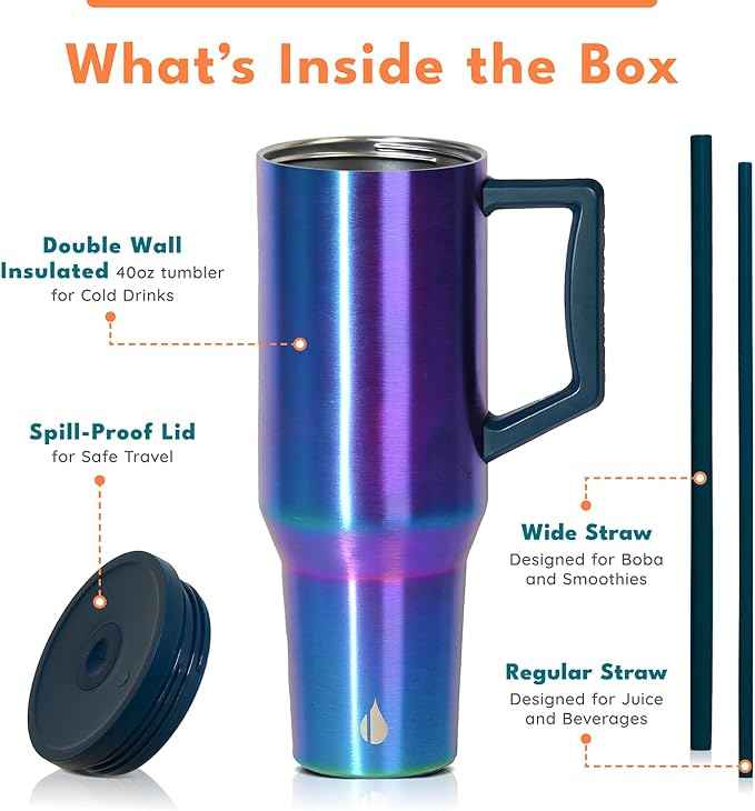 Elemental 40 oz Tumbler with Handle and Straw - Spill Proof Insulated Stainless Steel Commuter for Cold Beverages - Travel Coffee Mug with 2 Straws & Spill Proof Lid - 40oz - Iridescent
