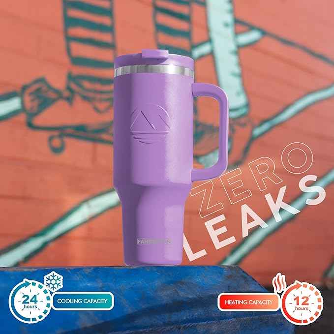 FAHRMOSIS 40 Oz Tumbler with Handle and Straw Insulated Cup that Fits in Cup Holder for Hot & Cold Drinks Leak Proof Tumbler with Straw Stainless Steel Travel Mug for Men & Women - Lavender