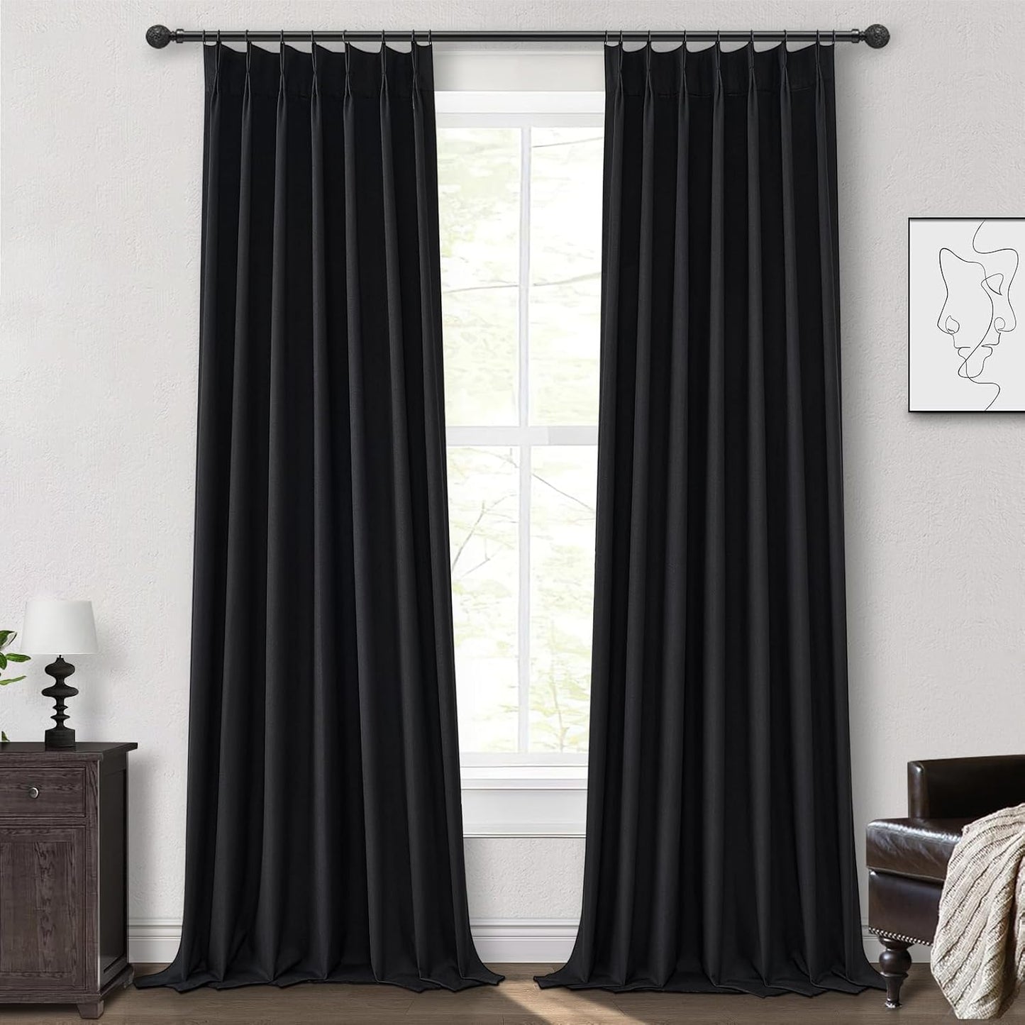 Blackout Curtains 108 Inches Long, Modern Pinch Pleated Linen Drapes for Sliding Glass Doors Heat&Cold Blocking Black Out Curtains 106 inch-110 inch Window Living Room 2 Panels Elegantes Summer