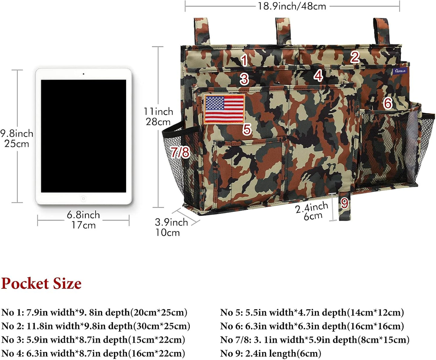 Surblue Bedside Caddy Hanging Organizer Storage Bag Pocket for Bunk, Hospital, College Dorm Rooms, Baby Bed Rails, Camp - 8 Pockets (Large, Jungle)
