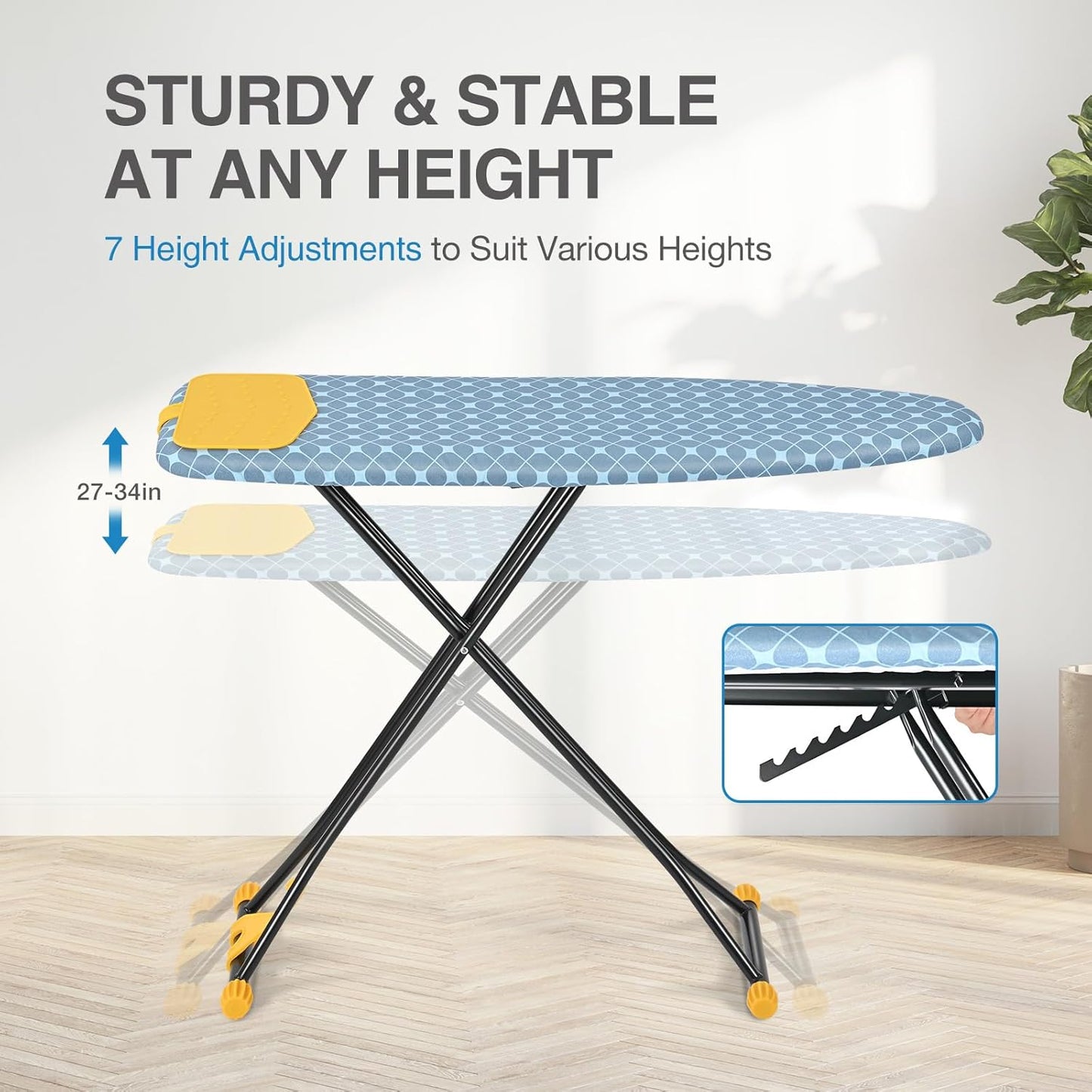 APEXCHASER Ironing Board with Iron Rest, Compact and Space Saver Iron Board, Extra Thick Cover, Height Adjustable, Wall Mount & Closet Hanger 13x43 Yellow