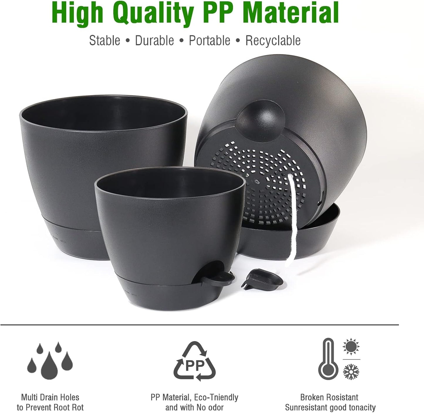 UOUZ Large Self Watering Pots, 12/10/9 Plastic Planters with High Drainage Holes and Deep Reservoir for Indoor Outdoor Garden Plants and Flowers, Black