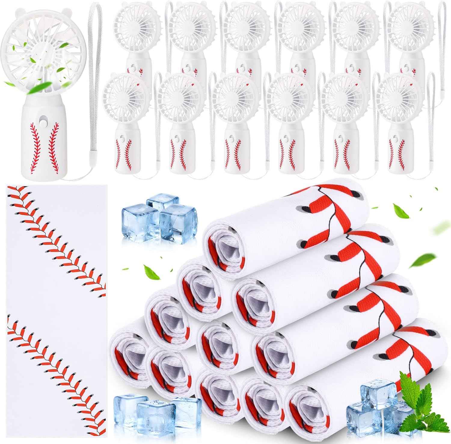 Glooglitter 24 Pcs Baseball Cooling Towels and Fans Set Mini Handheld Fans Bulk 32 x 12 Inch Ice Towel Chilly Handheld Battery Powered Fan Sport Gifts for Summer Team Gift Travel Camping Makeup Yoga