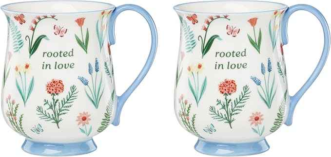 Oneida Coffee Mug Set, First Blooms Blue Mugs 2 Pieces, Service For 2, Porcelain Material, 12 Ounce Capacity, Microwave And Dishwasher Safe, Ceramic Mugs, Coffee Cups, Tea Cup (Blue, 2 Pieces)