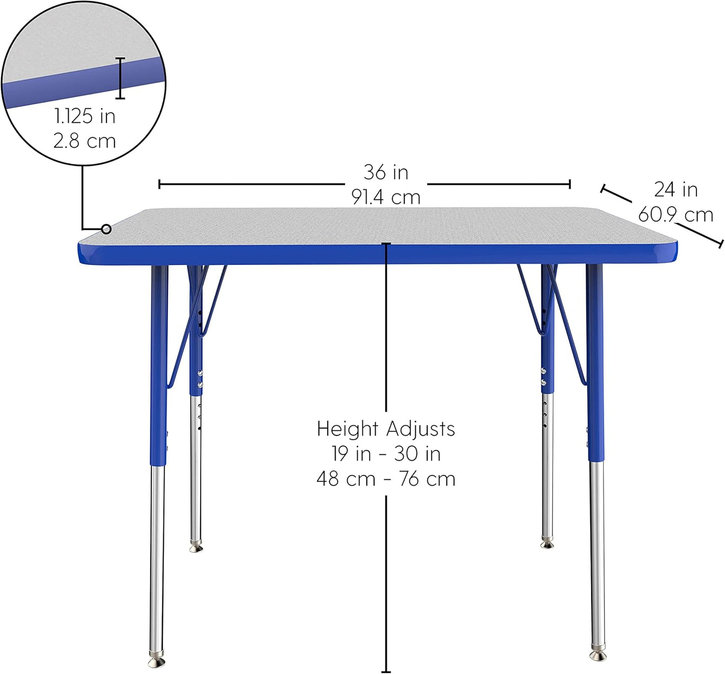 FDP Rectangle Activity School and Office Table (24 x 36 inch), Standard Legs with Swivel Glides, Adjustable Height 19-30 inches Quick Ship Single Box - Gray Top and Blue Edge
