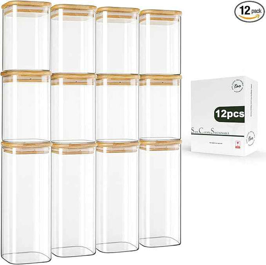 LIBWYS 12-Pack Square Glass Storage Jars with Bamboo Lids (0.6Qt/1.06Qt) - Stackable Food Containers for Pantry Organization, Coffee, Flour, Snacks, Tea | Kitchen Canisters Set