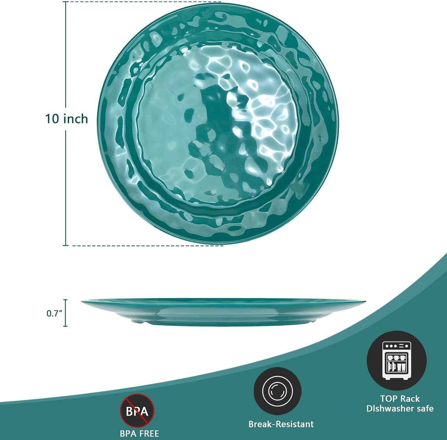6-Piece 100% Melamine Dinner/Lunch Plate Set,10inch Round Melamine Salad Plates Picnic Plates for Holiday Home Party,Break-resistant and Lightweight,Hammered Finish,BPA Free (Multi color)